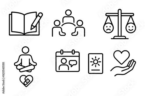 Emotional Self-Care Icons. Outline icon set of emotional self-care after divorce: journal book, support group,