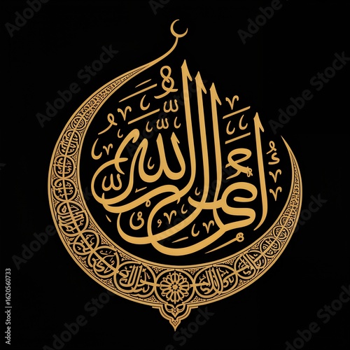 Golden arabic calligraphy of allah with crescent moon on a black background