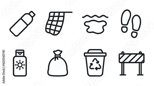 Human Impact Icons. Outline icon set of human impact on shore ecosystems: plastic bottle, fishing net, oil
