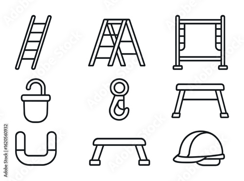Construction Ladder Icons. Outline icon set of construction site ladders: extension ladder, folding ladder,