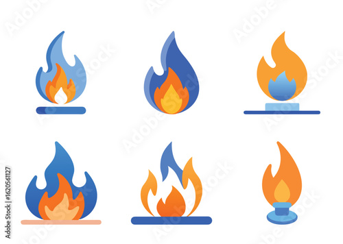6 set icon Collection of stylized fire flames in shades of orange and blue color