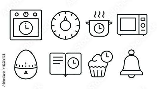 Cooking Timer Icons. Outline icon set of cooking timers: oven timer, kitchen timer dial, boiling countdown,