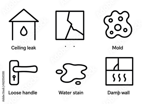 Home Maintenance Icons. Outline icon set of home maintenance issues: ceiling drip, cracked tile, mold patch,
