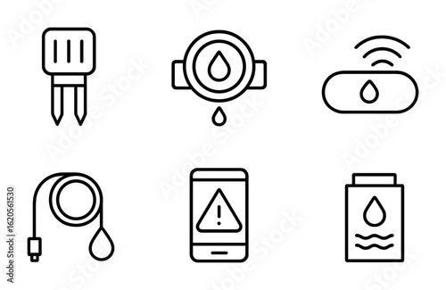 Leak Detection Icons. Outline icon set of leak detection technology: moisture sensor, smart water monitor,