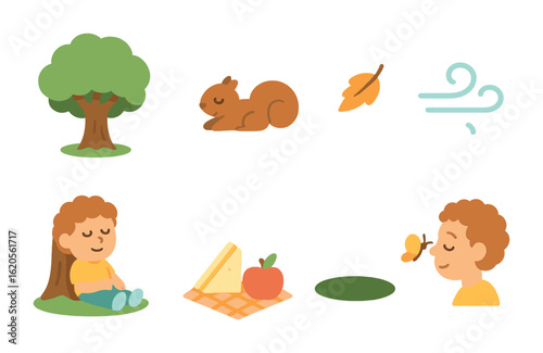 Nap Time Illustrations. Flat vector mini-illustrations nap time under a tree in colors children's