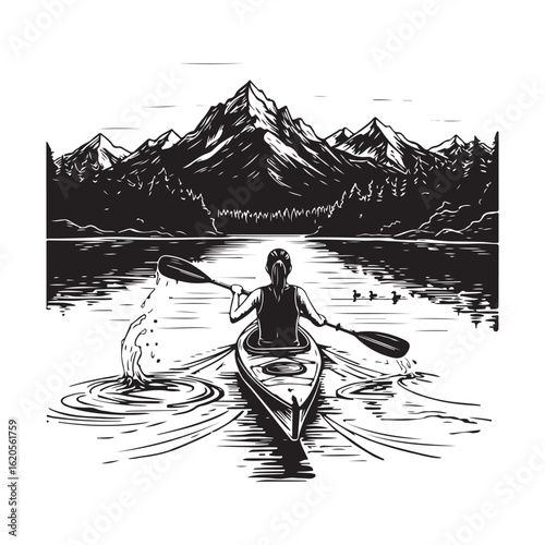 A lone kayaker enjoys a peaceful journey on a calm lake surrounded by majestic mountains. The black and white sketch captures the essence of outdoor tranquility and adventure.