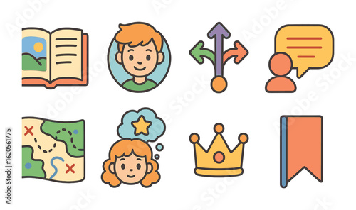 Interactive Story Icons. Flat vector mini-illustrations interactive storytelling platforms in colors