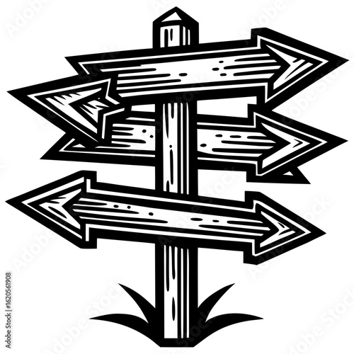 Wooden signpost with multiple arrows pointing in different directions, isolated on white background