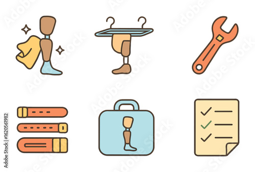 Prosthetic Care Icons. Flat vector mini-illustrations prosthetic care and maintenance in colors children's