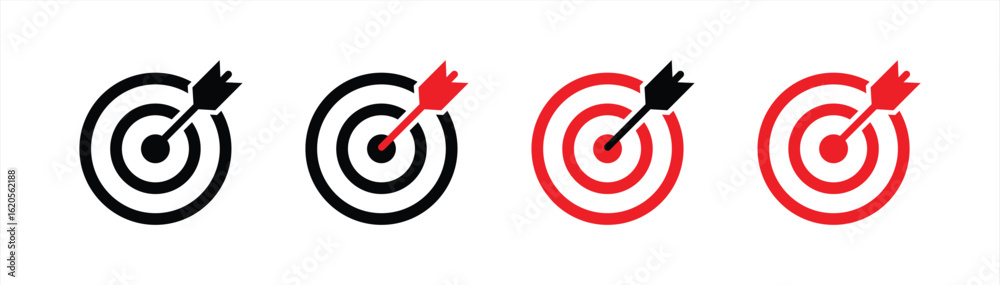 Target Icon Collection with Arrow in Center Bullseye, Minimalist and Business Goal Concept Design in Black and Red Color Target Icon Collection with Arrow in Center Bullseye, Minimalist and Business Goal Concept Design in Black and Red Color