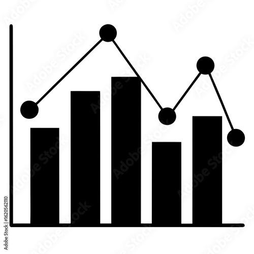 Black and white bar chart with a line graph showing data trends and business analytics
