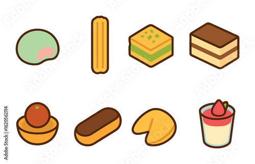 Colorful Dessert Grid. Flat vector mini-illustrations international dessert tray in colors children's