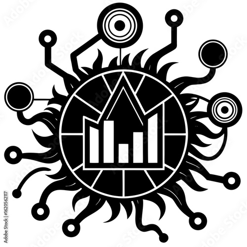 Abstract black and white graphic with bar chart and circular elements symbolizing data and technology
