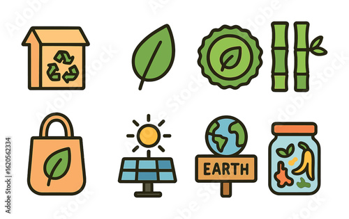 Eco Kids Icons. Flat vector mini-illustrations eco-friendly kids business idea in colors children's