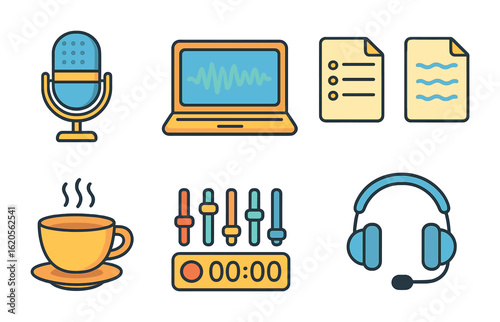 Colorful Podcast Tools. Flat vector mini-illustrations podcast voice-over tools in colors children's