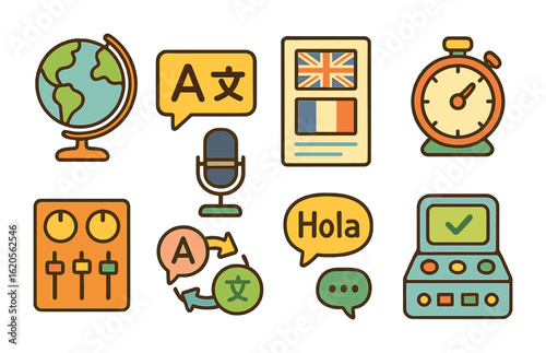 Language Translation Icons. Flat vector mini-illustrations language dubbing and translation in colors children