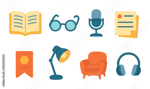 Audiobook Narration Icons. Flat vector mini-illustrations audiobook narration process in colors children's