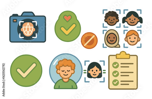 Ethical Facial Recognition Icons. Flat vector mini-illustrations ethical use of facial recognition in colors