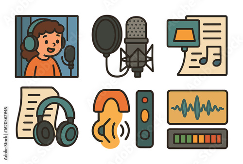 Children's Recording Session. Flat vector mini-illustrations vocal recording session in colors children's