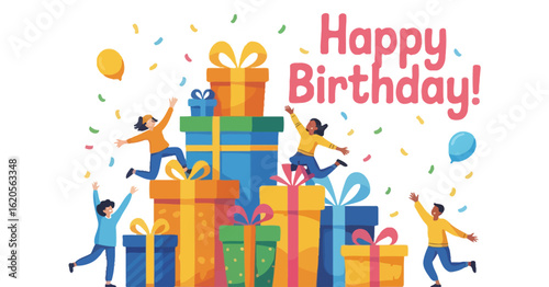 Festive birthday celebration illustration with colorful gift boxes, balloons, confetti, and joyful people jumping around “Happy Birthday” text