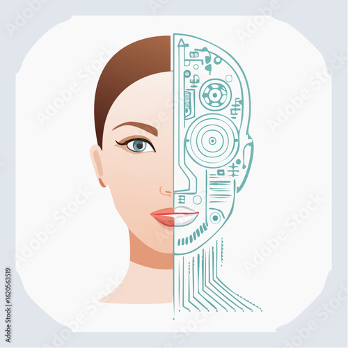 Menschengesichts halb digital, halb mechanisch 