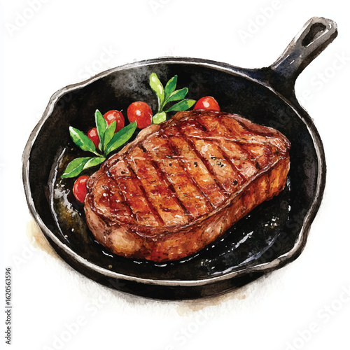Grilled Steak in Cast Iron Pan with Cherry Tomatoes and Herbs