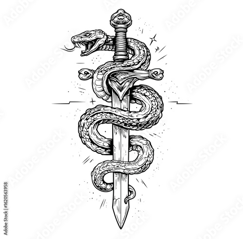 A detailed black and white illustration of a sword entwined with a serpent,