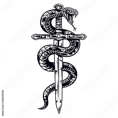 A dramatic black and white illustration of a cross resembling a sword with a coiled snake around the crossguard,