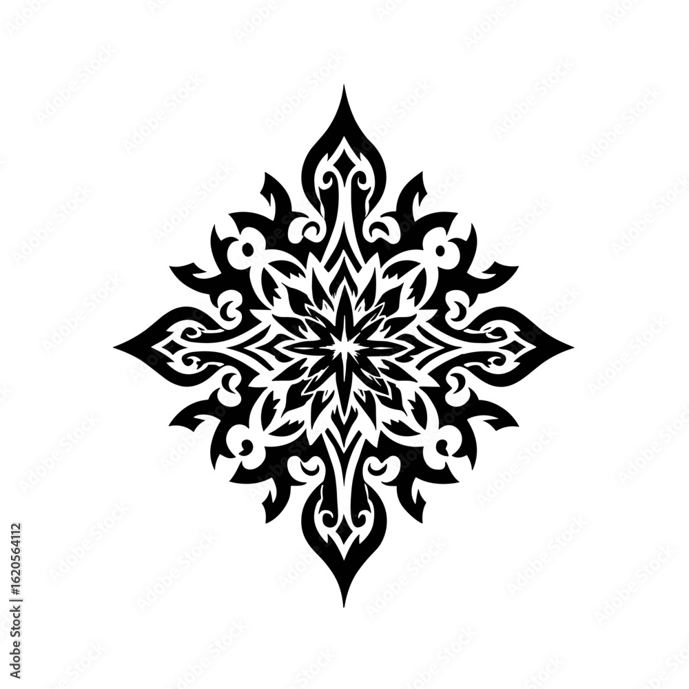 Fototapeta premium Symmetrical black and white geometric design with intricate details, resembling traditional tattoo patterns.