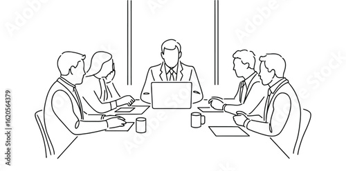 Minimalist line drawing of five people in a meeting around a table, symbolizing teamwork, discussion, collaboration, and professional communication