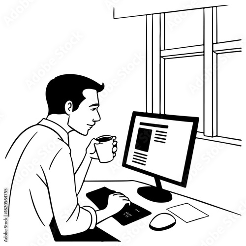 A man is working at a computer and holding a cup in his hand. Cartoon vector sketch in doodle style, office or remote work.