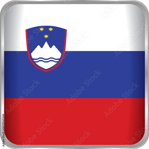 rounded icon of slovenian flag with national coat of arms and metallic frame symbolizing country identity