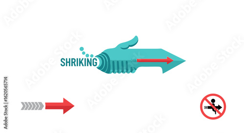 Illustration featuring a teal hand shaped object with a red arrow and a no arrow riding sign
