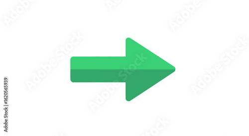A simple green arrow pointing to the right direction on a white background illustration image here