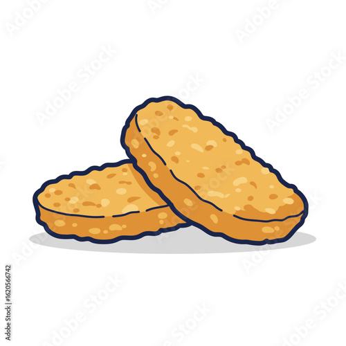 Flat illustration of Hash Browns, bold navy outline, soft shadow, isolated on white