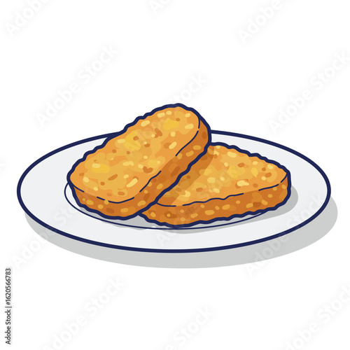 Flat illustration of Hash Browns on plate, bold navy outline, soft shadow, isolated on white
