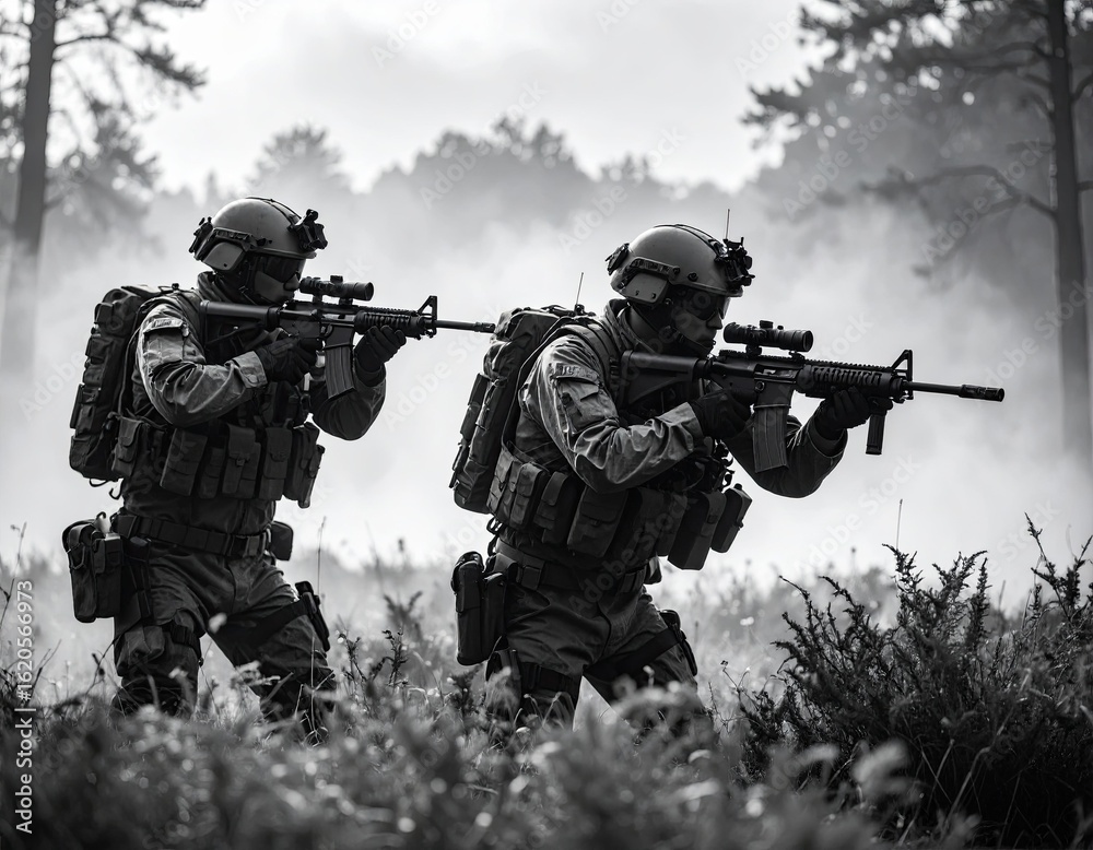 Fototapeta premium Two soldiers in camouflage gear carrying rifles advancing through a foggy forest