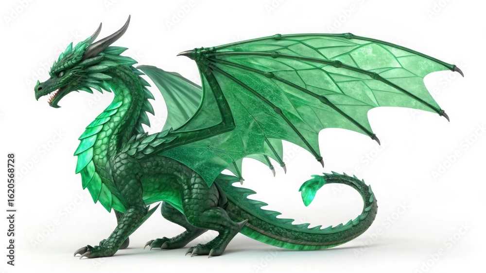 Naklejka premium A detailed green dragon with translucent wings standing on a white surface looking to the left