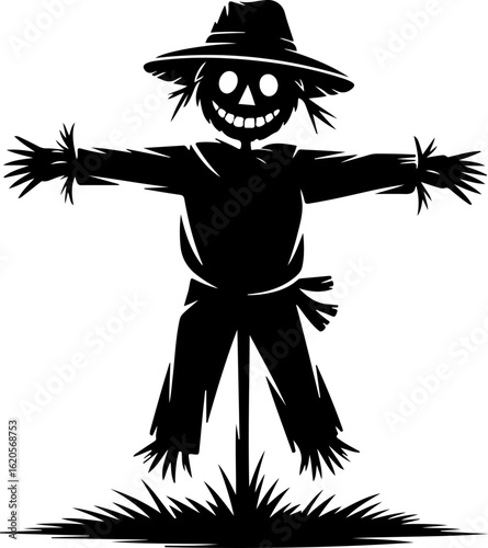 black silhouette vector of a scarecrow standing in a field