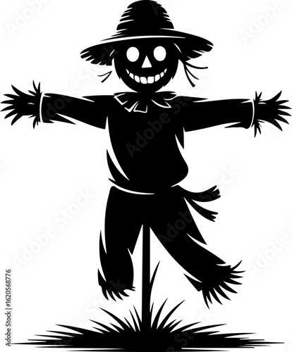 black silhouette vector of a scarecrow standing in a field