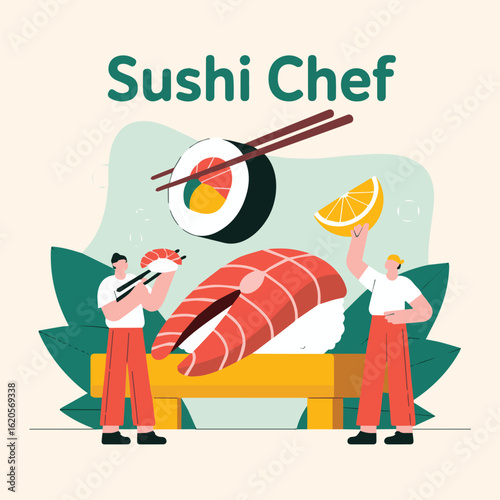 Illustration of two chefs preparing sushi with salmon, lemon, and maki rolls on a table top