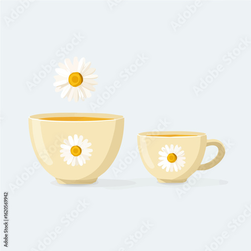 A flat 2D illustration chamomile tea in a white cup set illustration side  view, vector clipart isolated on a transparent background — clean animation-style design, created by me