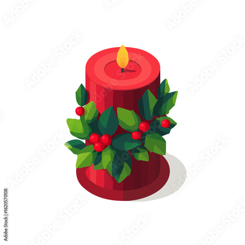 An illustration of a flat 2D Christmas candle with holly berry in isometric view, vector clipart isolated on a transparent background — clean animation-style design, created by me