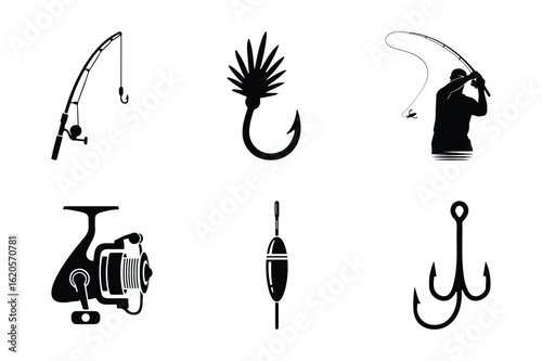 Set of fishing equipment vector icons including fisherman, fishing rod, fishing reel, fishing lure, fishing floats and fishing hook. Outdoor sport and recreation. 