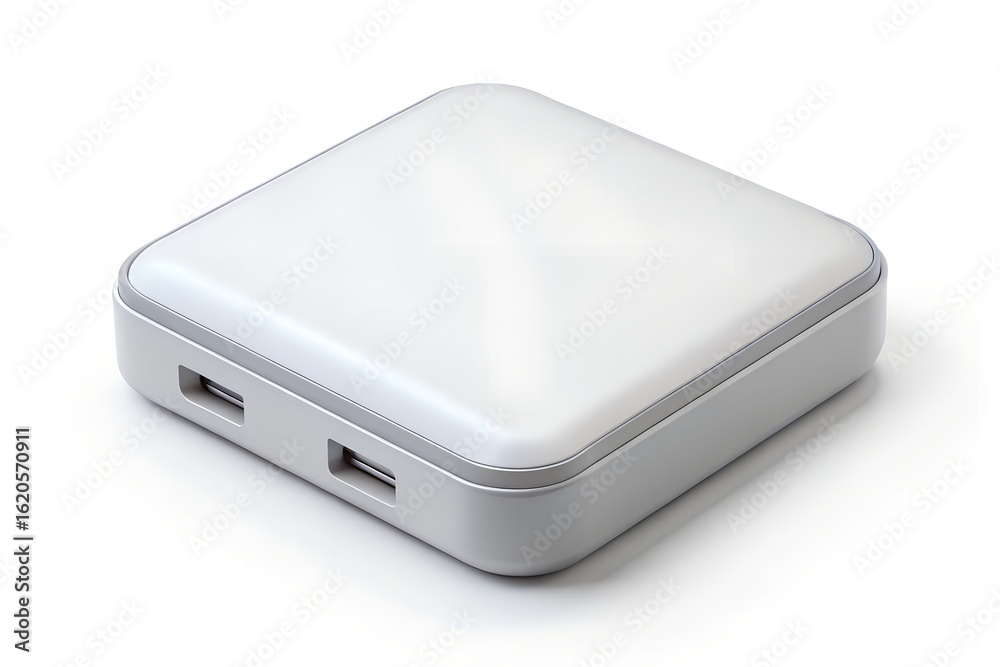 Sleek Modern Dual-Port USB Charging Station; Minimalist Design, White, Studio Shot. Sleek Modern Dual-Port USB Charging Station; Minimalist Design, White, Studio Shot.