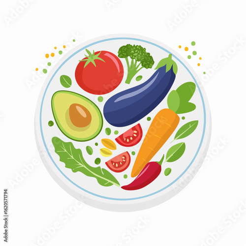 Ausgewogener veganer Teller mit Gemüse und Hülsenfrüchten – flache Vektorillustration
