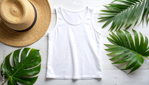 White Tank Top, Straw Hat, And Tropical Leaves On White Wooden Background