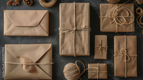 Kraft Paper Packaging Mockup: Envelopes Boxes and String, in high resolution clean minimal style stock photo illustration background image ideal for templates advertisements and web banners showcasing