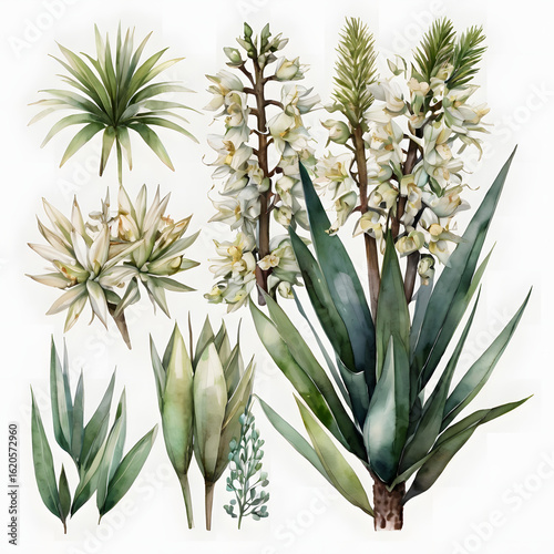 Isolated aloe vera plant with green leaves and a delicate spring flower blooming in a tropical garden