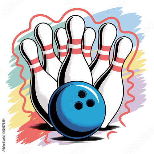 Retro Bowling Illustration with Pins and Ball in Vibrant Colors for Sports and Recreation Themes